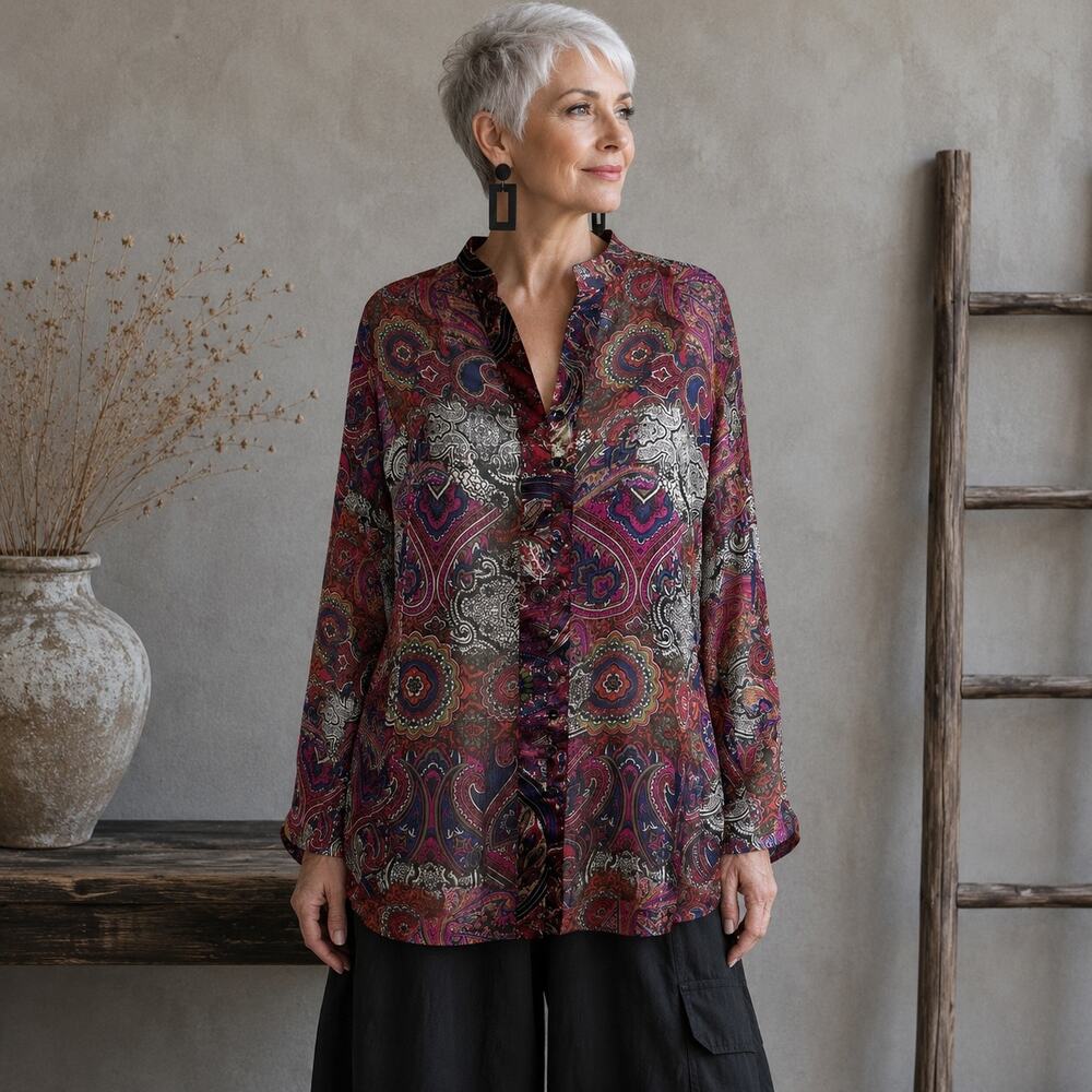 Chico's Magenta Multicolor Paisley Silk Sheer Top Blouse 1